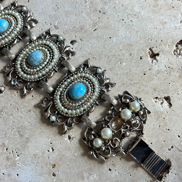 Vintage Gold and Teal  Turquoise Pearl bracelet - Picture 2 of 6